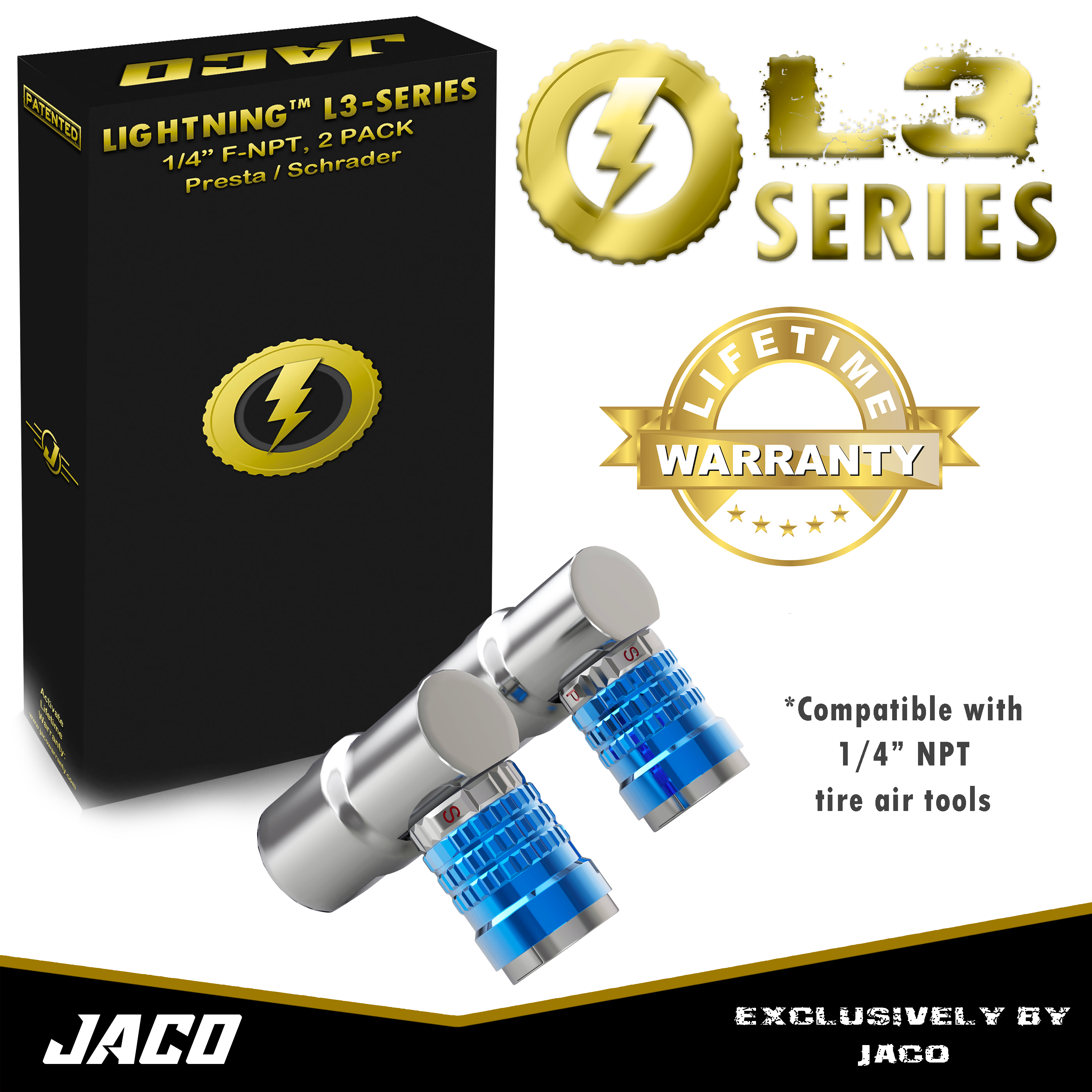 Lightning™ L3-Series Bike Tire Air Chuck - 1/4" F-NPT (Presta + Schrader Valves) | Open Flow (2 Pack)