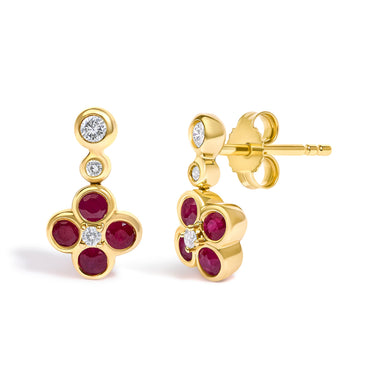 14K Yellow Gold 1/10 Cttw Diamond and  Ruby Floral Dangle Earrings - 0