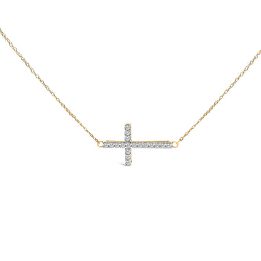 10K Yellow Gold 1/5 Cttw Diamond Sideways Cross Pendant Necklace