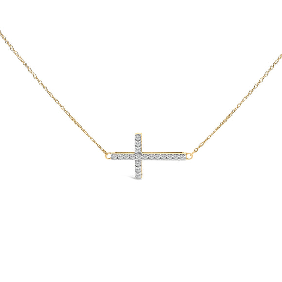 10K Yellow Gold 1/5 Cttw Diamond Sideways Cross Pendant Necklace