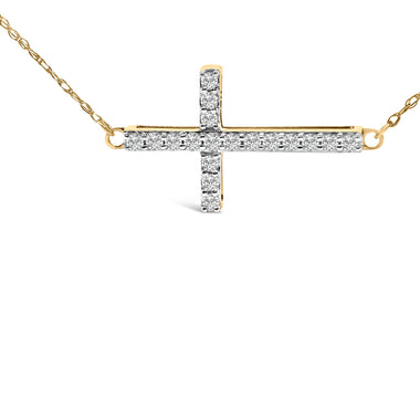 10K Yellow Gold 1/5 Cttw Diamond Sideways Cross Pendant Necklace - 0