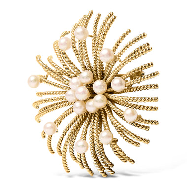18K Yellow Gold Cultured Freshwater Pearl Starburst Brooch Pin - 0
