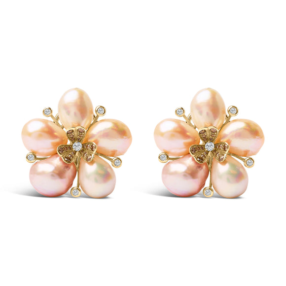 18K Rose Gold 3/8 Cttw Diamond and Freshwater Pearl Blossom Stud Earrings