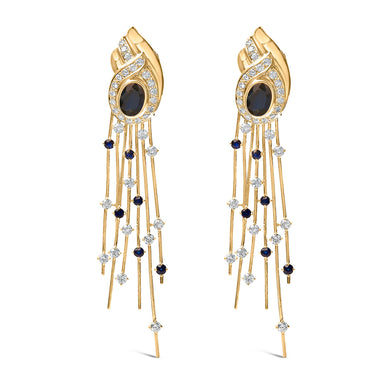 14K Yellow Gold 1.0 Cttw Diamond and Blue Sapphire Chandelier Earrings