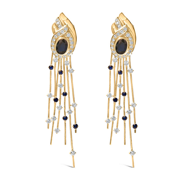 14K Yellow Gold 1.0 Cttw Diamond and Blue Sapphire Chandelier Earrings