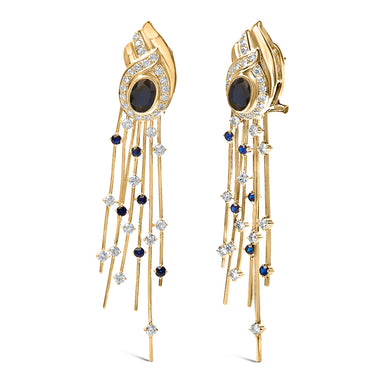 14K Yellow Gold 1.0 Cttw Diamond and Blue Sapphire Chandelier Earrings - 0