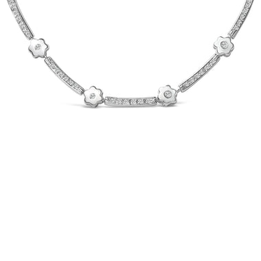 14K White Gold 1.0 Cttw Diamond Flower and Bar Station Necklace - 0