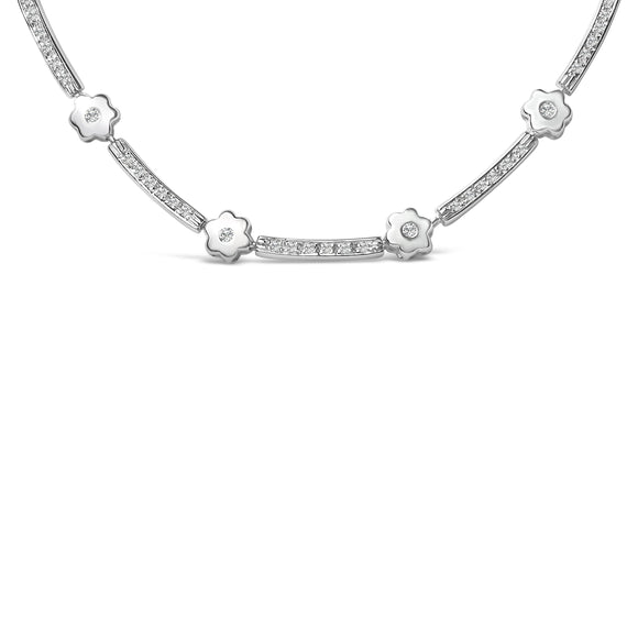 14K White Gold 1.0 Cttw Diamond Flower and Bar Station Necklace