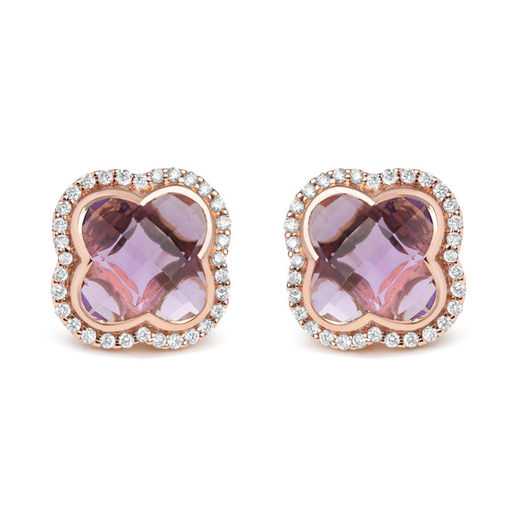 18K Rose Gold 3/8 Cttw Diamond and 11x11mm Clover-Cut Purple Amethyst Gemstone Clover Halo Stud Earrings (G-H Color, SI1-SI2 Clarity)