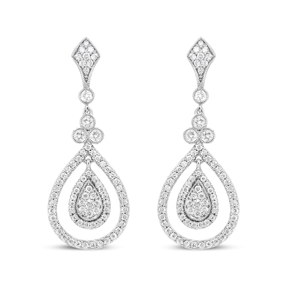 18K White Gold 1 1/4 Cttw Round Diamond Openwork Teardrop-Shaped Dangle Earrings (F-G Color, VS1-VS2 Clarity)