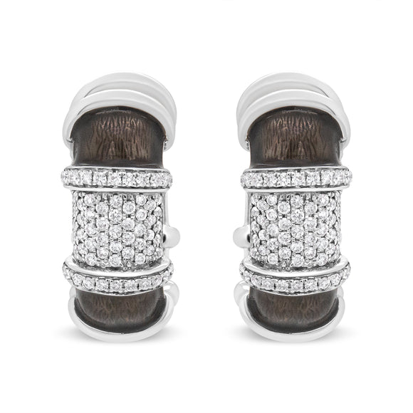 18K White Gold Flash Plated .925 Sterling Silver Clear Graphite Grey Enamel 5/8 Cttw Round Diamonds Huggie Hoop Earrings (F-G Color, VS1-VS2 Clarity)