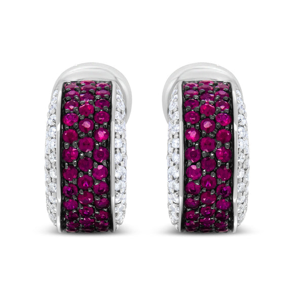 18K White Gold and Black Rhodium Plated 3/4 Cttw Round Diamonds and 1mm Round Red Ruby Huggie Hoop Earrings (F-G Color, VS1-VS2 Clarity)