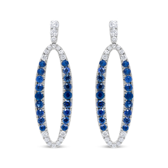18K White Gold 1.11 Cttw Blue Round Diamond and Blue Sapphire Openwork Oval Shaped Dangle Earrings (F-G Color, VS1-VS2 Clarity)