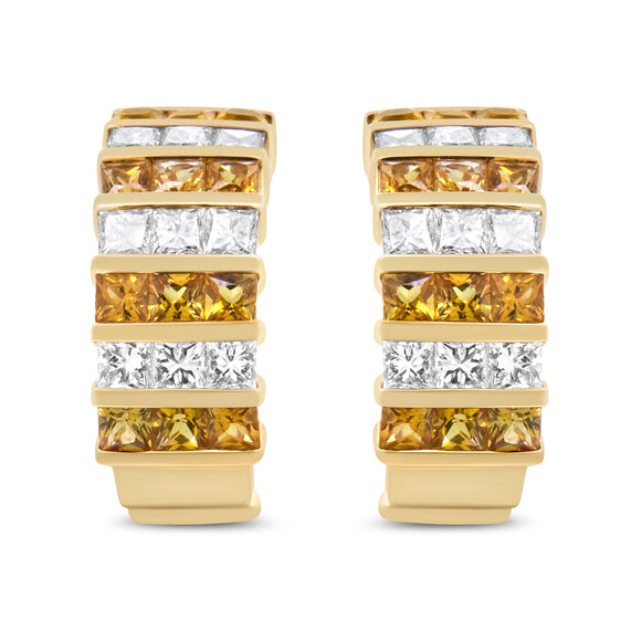 18K Yellow Gold 1 3/4 Cttw Invisible Set Princess Cut Diamond and 2.5mm Yellow Sapphire Huggie Hoop Earrings (F-G Color, VS1-VS2 Clarity)