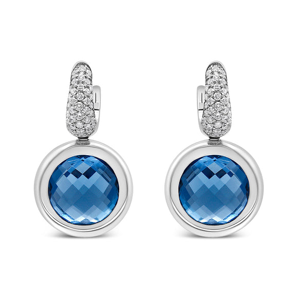 18K White Gold Bezel Set 11mm Blue Topaz and 1/2 Cttw Invisible Set Diamond Bale Dangle Earrings (F-G Color, VS1-VS2 Clarity)
