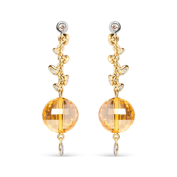 18K Yellow Gold 2/3 Cttw Round Bezel Diamond and 25mm Ball Shaped Yellow Citrine Gemstone Dangle Stud Earring (Brown and G-H Color, SI1-SI2 Clarity)