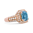 18K Rose Gold 10x10mm Cushion Shaped Aquamarine and 1 1/8 Cttw Round Diamond Halo Ring (F-G Color, VS1-VS2 Clarity) - Ring Size 6.5-7