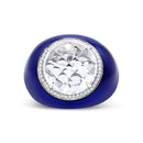 18K White Gold 14mm White Quartz and 1/5 Cttw Diamond Halo with Blue Enamel Dome Ring (F-G Color, VS1-VS2 Clarity) - Ring Size 7-4
