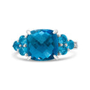 18K White Gold 10mm Cushion Shaped Blue Topaz and 1/6 Cttw Diamond 3 Stone Style Ring (F-G Color, VS1-VS2 Clarity) - Ring Size 6.5-5