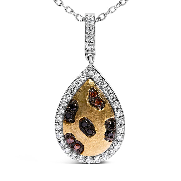 10K Yellow Gold Plated Sterling Silver Mixed Color Diamond Accent Pear Halo Pendant Necklace