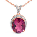 14K Rose Gold Vermeil Sterling Silver 1/5 Cttw Diamond Pink Quartz Oval Pendant Necklace-2
