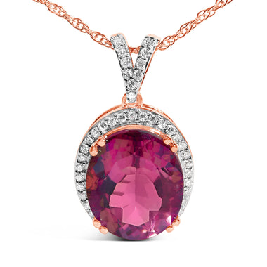 14K Rose Gold Vermeil Sterling Silver 1/5 Cttw Diamond Pink Quartz Oval Pendant Necklace - 0