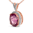 14K Rose Gold Vermeil Sterling Silver 1/5 Cttw Diamond Pink Quartz Oval Pendant Necklace-3