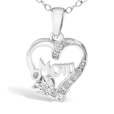 .925 Sterling Silver Diamond Accent Mom with Heart Pendant Necklace (J-K Color, I2-I3 Clarity) - 18" Inches - 0