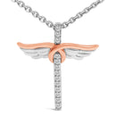 14K Rose Gold Plated Sterling Silver 1/5 Cttw Diamond Wing Cross Pendant Necklace-2