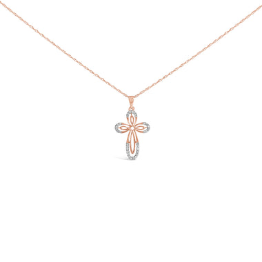 10K Rose Gold Plated Sterling Silver 1/6 Cttw Diamond Double Loop Cross Pendant Necklace