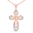10K Rose Gold Plated Sterling Silver 1/6 Cttw Diamond Double Loop Cross Pendant Necklace-2