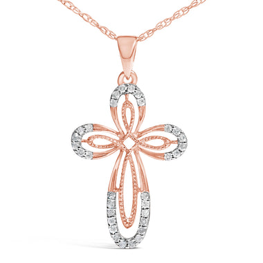 10K Rose Gold Plated Sterling Silver 1/6 Cttw Diamond Double Loop Cross Pendant Necklace - 0