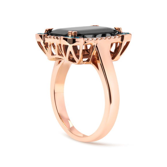 14K Rose Gold 15x10 MM Emerald-Cut Black Onyx and 1/5 Cttw Blue and White Diamond Halo Cocktail Ring (G-H Color, SI1-SI2 Clarity)- Size 7