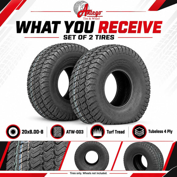 Antego 20x8.00-8 ATW-003 4 Ply Turf Tubeless Lawn Mower Tires, 2 Pack