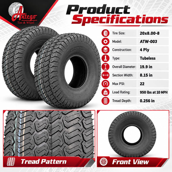 Antego 20x8.00-8 ATW-003 4 Ply Turf Tubeless Lawn Mower Tires, 2 Pack