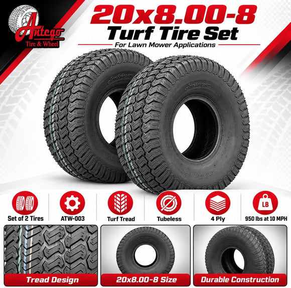 Antego 20x8.00-8 ATW-003 4 Ply Turf Tubeless Lawn Mower Tires, 2 Pack