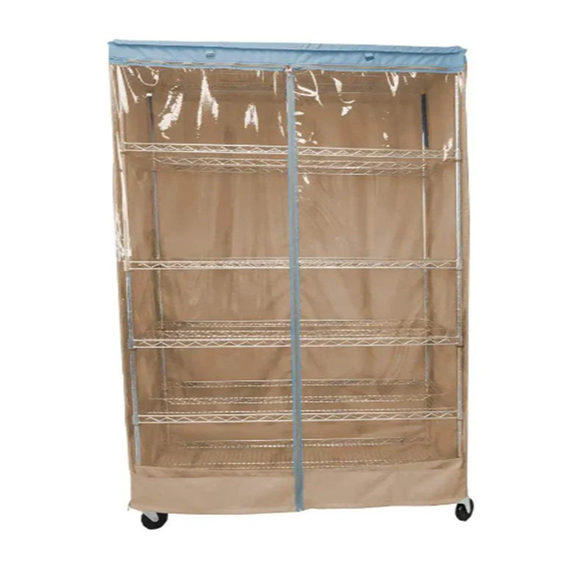 Storage Shelving Unit Cover, fits racks 36"W x 14"D x 54"H one side see through panel in Beige Khaki and Blue Trim