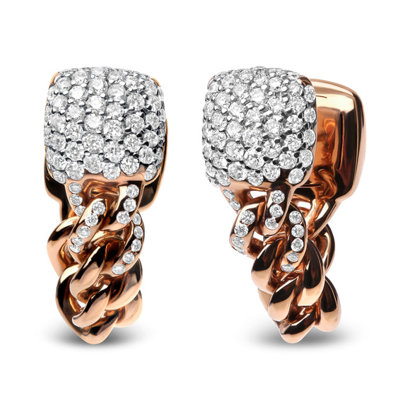 18K Rose Gold 3/4 Cttw Round Diamond Pave Cuban Chain Huggie Earrings (G-H Color, SI1-SI2 Clarity)