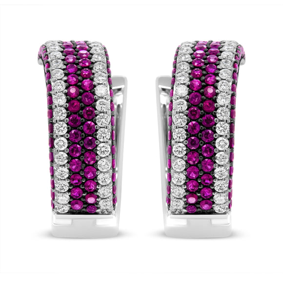 18K White Gold 1 7/8 Cttw Diamond and 1mm Round Red Ruby Open Swish Hoop Earrings (F-G Color, VS1-VS2 Clarity)