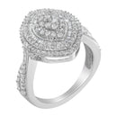 .925 Sterling Silver 1.0 Cttw Round & Baguette-Cut Diamond Marquise-Shaped Cluster Triple Stepped Halo Cocktail Fashion Ring (I-J Color, I2-I3 Clarity) - Size 7-1