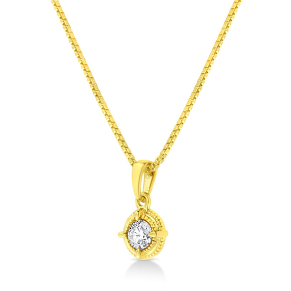 14K Yellow Gold Plated .925 Sterling Silver 1/2 Cttw Brilliant Round Cut Diamond Solitaire Milgrain 18" Pendant Necklace (K-L Color, I2-I3 Clarity)