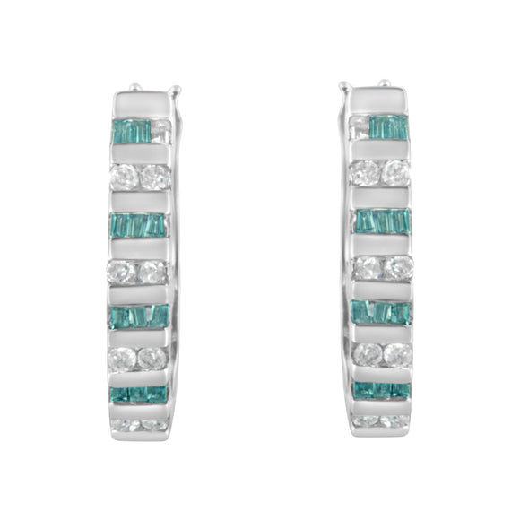 10k White Gold Round and Blue Baguette 1/2 cttw Diamond Hoop Earrings (I-J Color, I2-I3 Clarity)