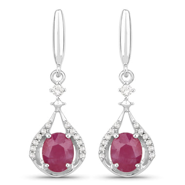 0.70 Carat Genuine Ruby and White Diamond 14K White Gold Earrings