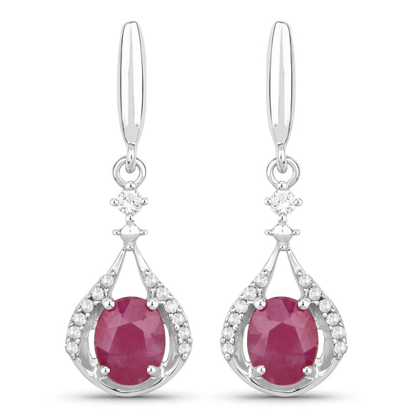 0.70 Carat Genuine Ruby and White Diamond 14K White Gold Earrings