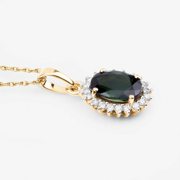 1.39 Carat Genuine Green Tourmaline and White Diamond 14K Yellow Gold Pendant