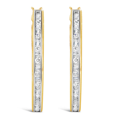 10K Yellow Gold 1.00 Cttw Round and Baguette-Cut Diamond U-Hoop Earrings (H-I Color, SI2-I1 Clarity) - 0