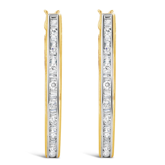 10K Yellow Gold 1.00 Cttw Round and Baguette-Cut Diamond U-Hoop Earrings (H-I Color, SI2-I1 Clarity)