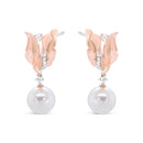 14K Rose Gold 1/6 Cttw Round Diamond and 8mm Round Pearl Floral Drop Stud Earrings (H-I Color, I1-I2 Clarity)-2