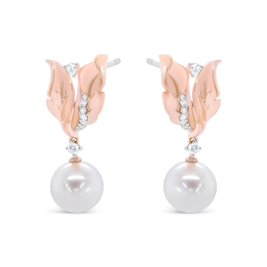 14K Rose Gold 1/6 Cttw Round Diamond and 8mm Round Pearl Floral Drop Stud Earrings (H-I Color, I1-I2 Clarity) - 0