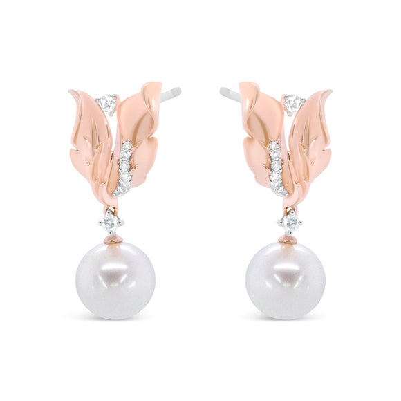 14K Rose Gold 1/6 Cttw Round Diamond and 8mm Round Pearl Floral Drop Stud Earrings (H-I Color, I1-I2 Clarity)